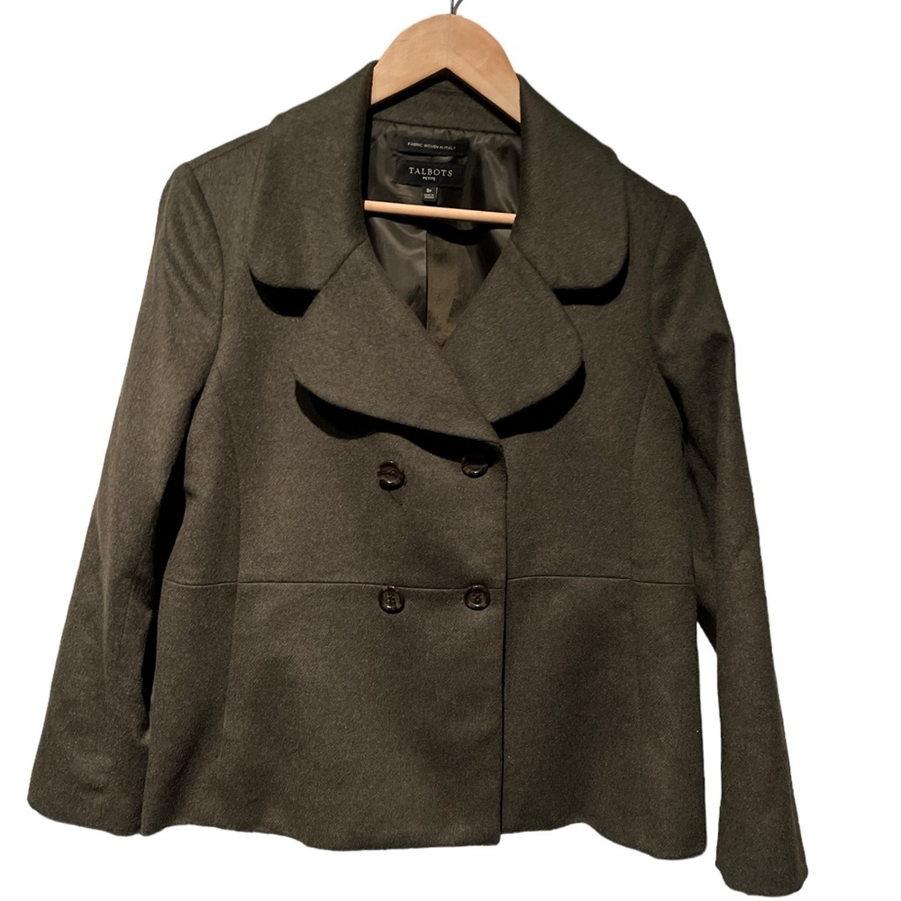 Talbots dark army green double breasted Italian wool jacket 8P